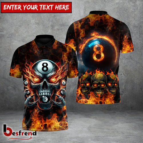 Besfrend 4 Colors Billiards Pool 8 Skull Fire Personalized Name And Team Name Shirt