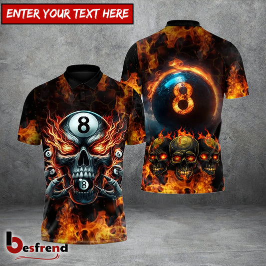 Besfrend 4 Colors Billiards Pool 8 Skull Fire Personalized Name And Team Name Shirt