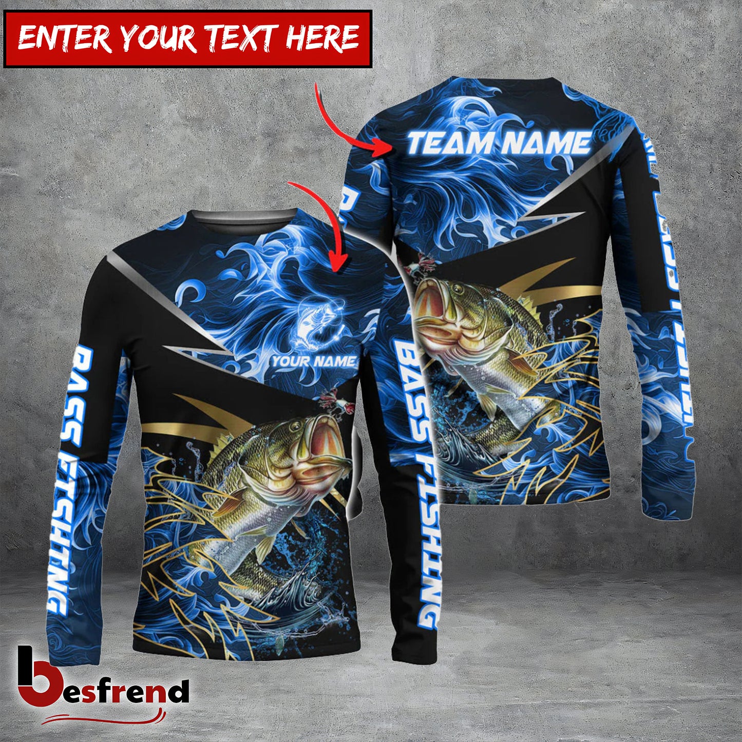 Besfrend 6 Breeds Fishing Blue Flame Premium Golden  Silver Line Pattern Custom Name  Team Name 3D Shirts