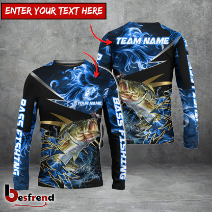 Besfrend 6 Breeds Fishing Blue Flame Premium Golden  Silver Line Pattern Custom Name  Team Name 3D Shirts