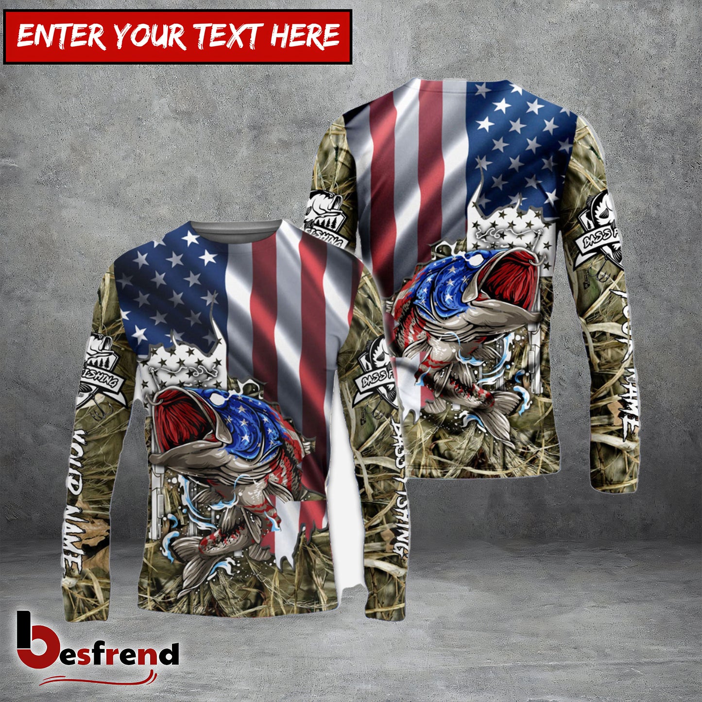 Besfrend American Flag Patriotic Largemouth Bass Camo Fishing Custom Name 3D Shirts