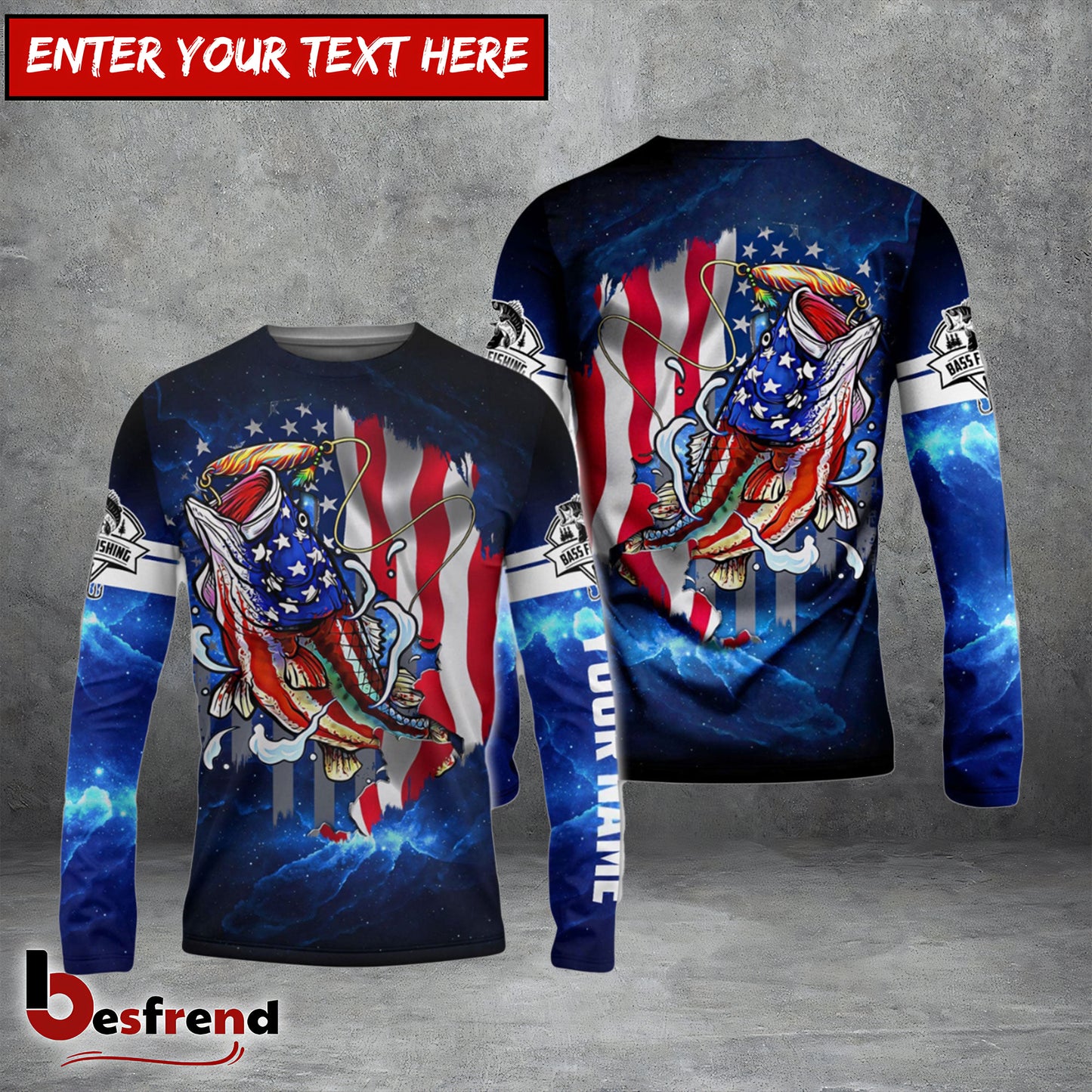 Besfrend Bass Fishing 3D American Flag Patriotic Customize Name All Over Print Shirt