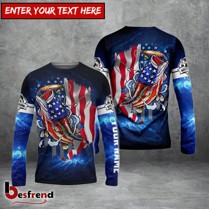 Besfrend Bass Fishing 3D American Flag Patriotic Customize Name All Over Print Shirt