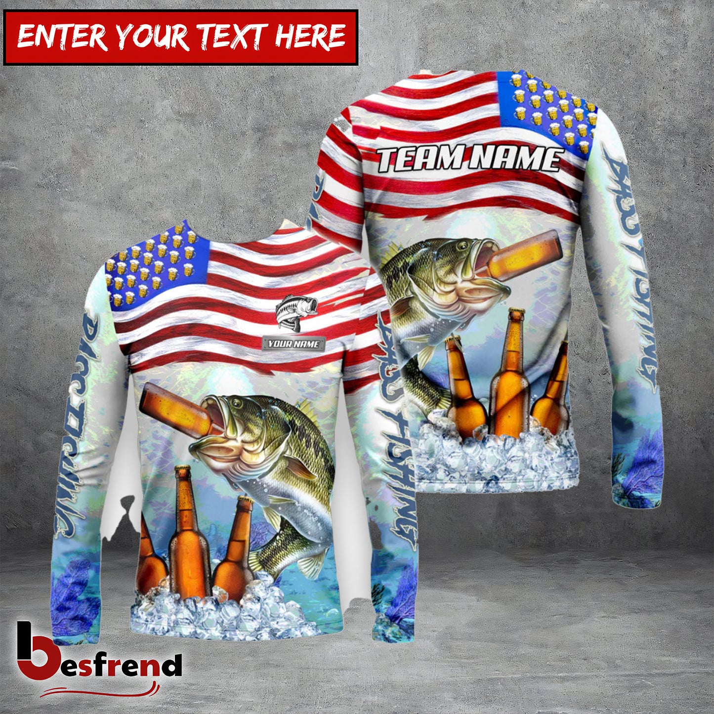 Besfrend Bass Fishing American Flag Beer Custom Name  Team Name 3D Shirts