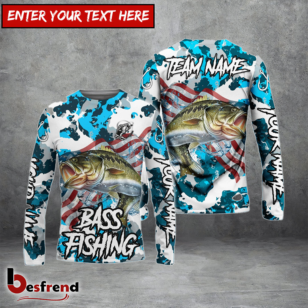 Besfrend Bass Fishing American Flag Light Blue Camo Custom Name  Team Name 3D Shirts