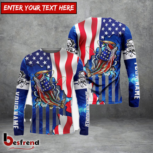 Besfrend Bass Fishing American Flag Patriotic Custom Name 3D Shirts