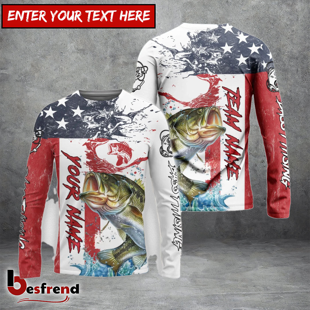 Besfrend Bass Fishing American Flag Red Blue Seawave Custom Name  Team Name 3D Shirts