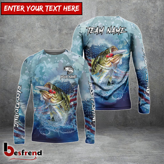Besfrend Bass Fishing American Flag Seawave Custom Name  Team Name 3D Shirts