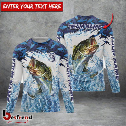 Besfrend Bass Fishing Blue Camo Clear Water Custom Name  Team Name 3D Shirts