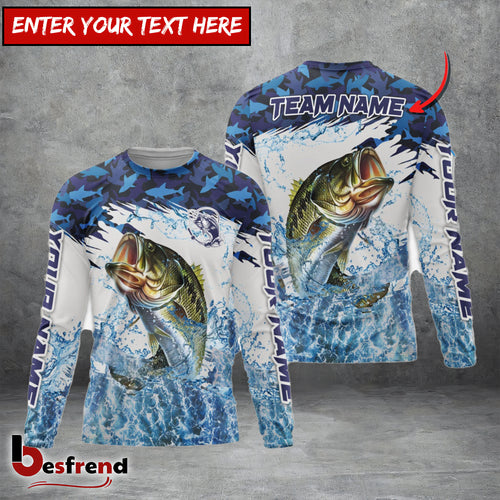 Besfrend Bass Fishing Blue Camo Clear Water Custom Name  Team Name 3D Shirts