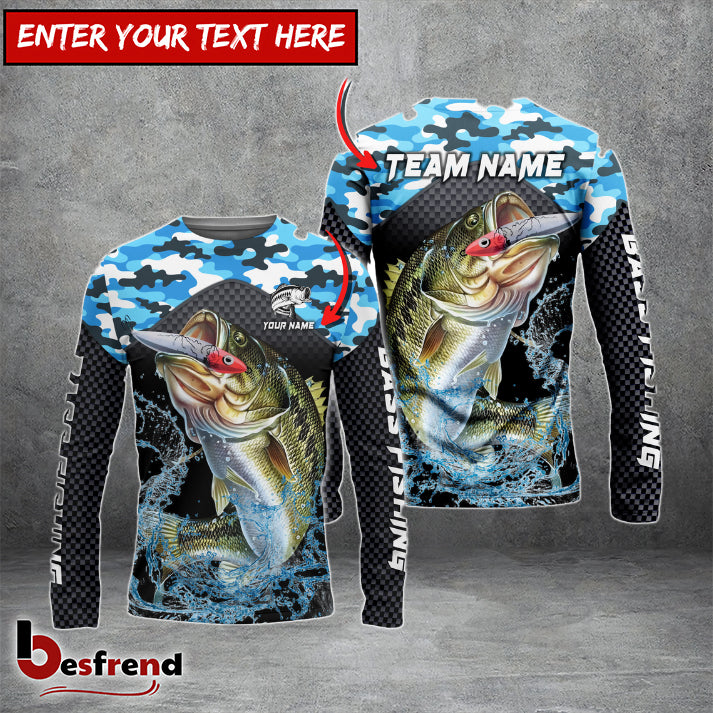 Besfrend Bass Fishing Blue Camo Sport Custom Name  Team Name 3D Shirts