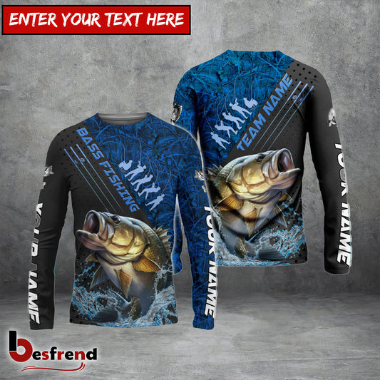 Besfrend Bass Fishing Blue Camo Sport Rod Custom Name  Team Name 3D Shirts