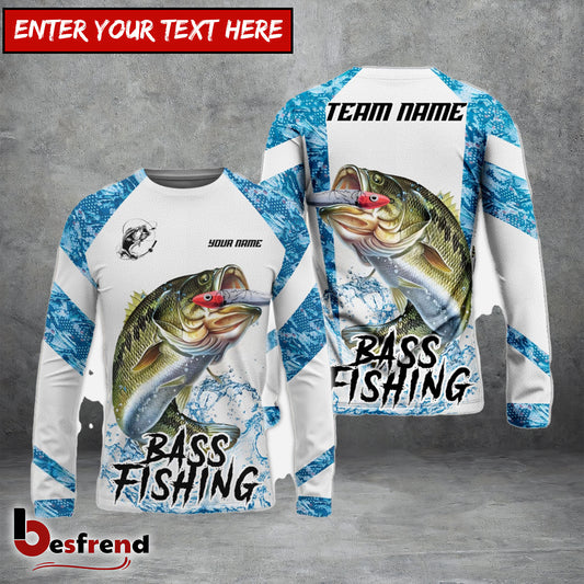 Besfrend Bass Fishing Blue Camo White Pattern Sport Custom Name  Team Name 3D Shirts