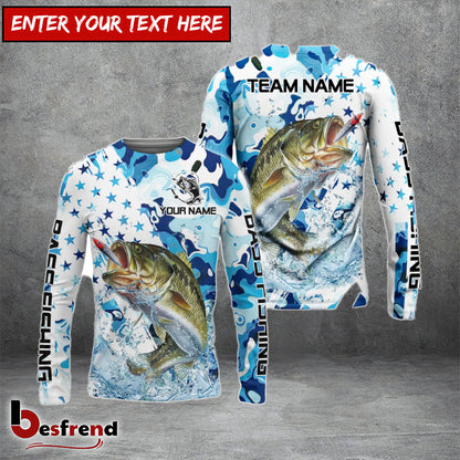 Besfrend Bass Fishing Blue White American Flag Custom Name  Team Name 3D Shirts