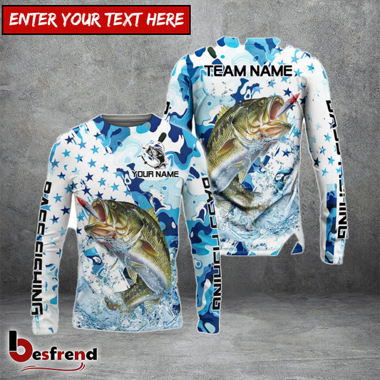 Besfrend Bass Fishing Blue White American Flag Custom Name  Team Name 3D Shirts