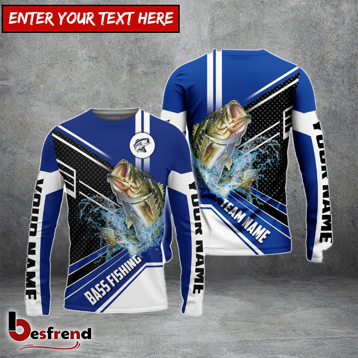Besfrend Bass Fishing Blue White Sport Custom Name  Team Name 3D Shirts