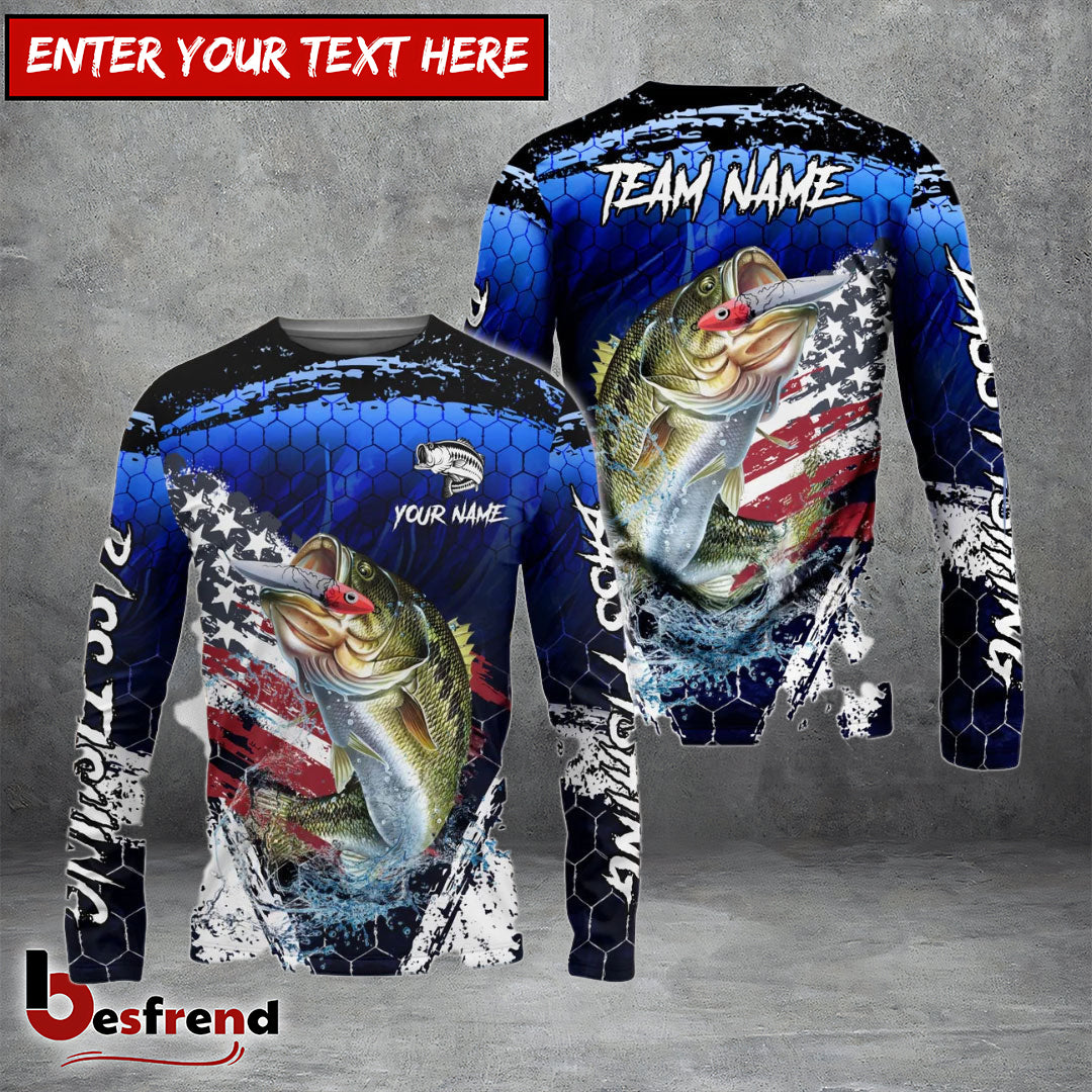 Besfrend Bass Fishing Fishing Dark Blue Scratch American Flag scratch Sport Custom Name  Team Name 3D Shirts