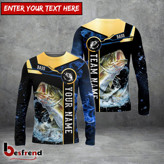 Besfrend Bass Fishing Golden With Blue Flame Pattern Custom Name  Team Name 3D Shirts