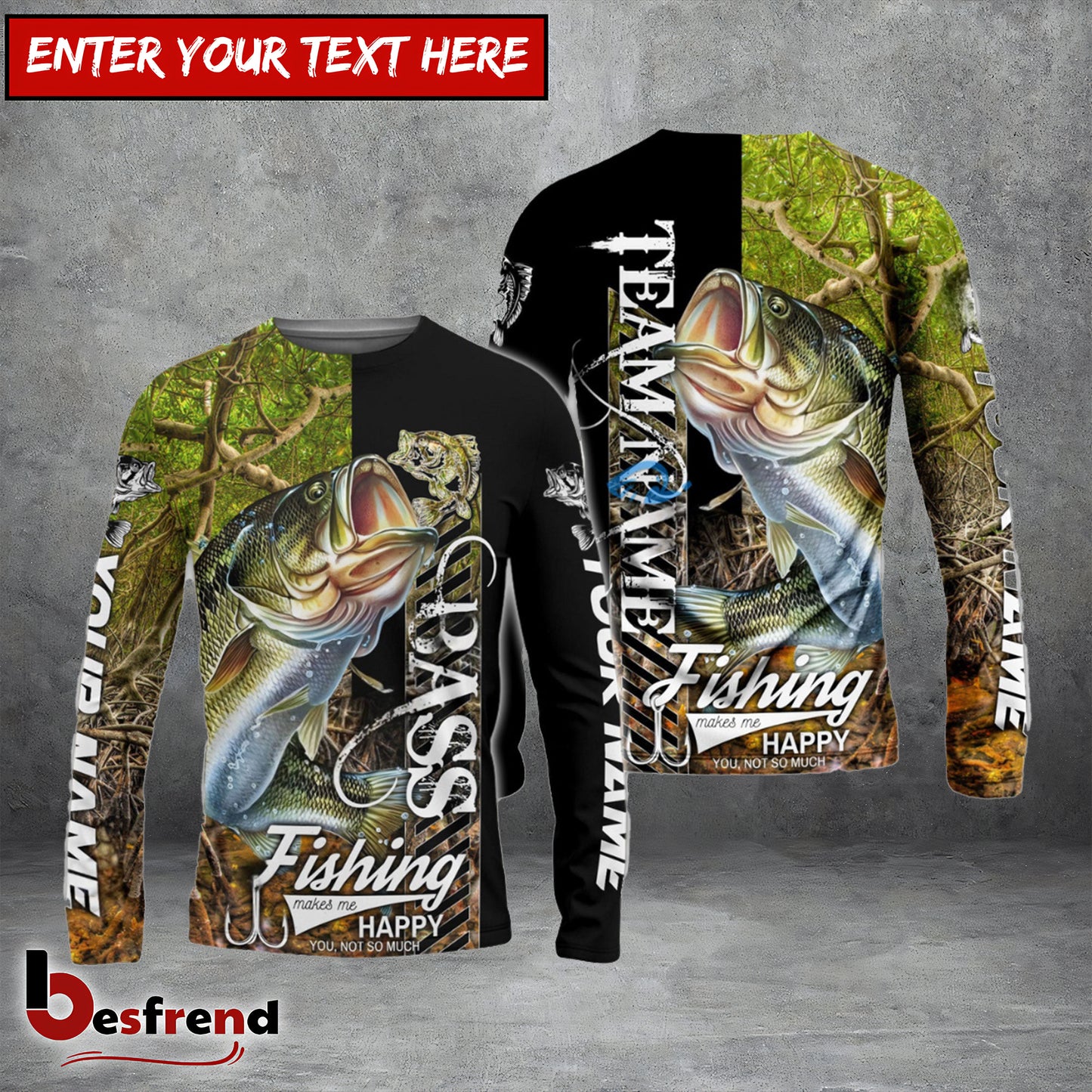 Besfrend Bass Fishing Jungle Camo Custom Name  Team Name 3D Shirts