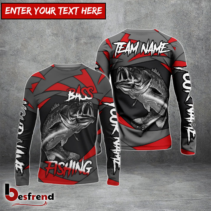 Besfrend Bass Fishing Red Gray Spinning Pattern Custom Name  Team Name 3D Shirts