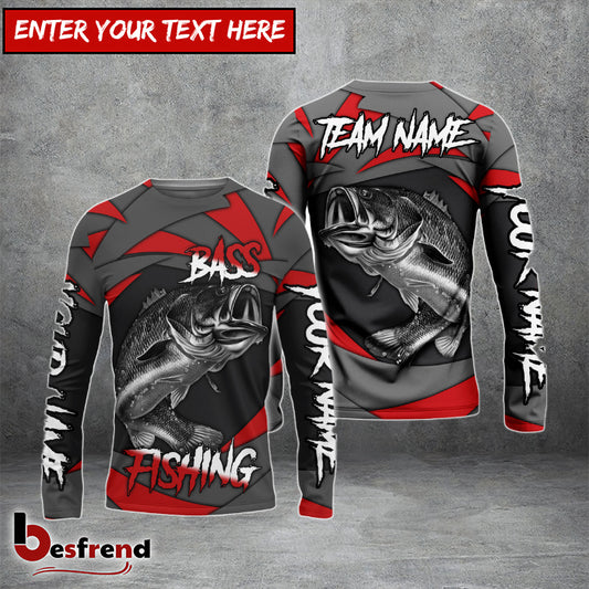 Besfrend Bass Fishing Red Gray Spinning Pattern Custom Name  Team Name 3D Shirts