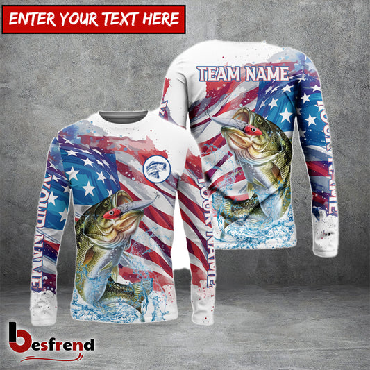 Besfrend Bass Fishing Watercolor USA Flag Custom Name  Team Name Shirts