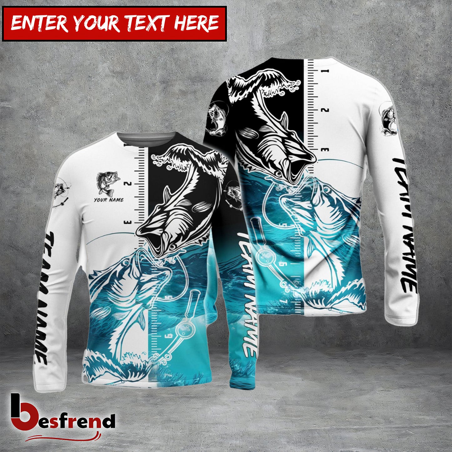 Besfrend Bass Fishing White Blue Water Custom Name  Team Name 3D Shirts