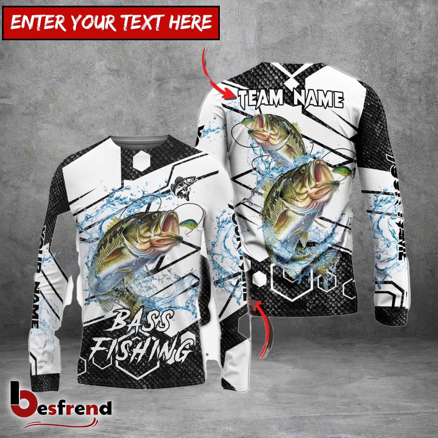 Besfrend Bass Fishing White Gray Black Hexagon Sport Custom Name  Team Name 3D Shirts