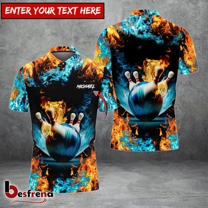 Besfrend Blue Bowling Ball And Pins On Fire Customized Name 3D Shirt