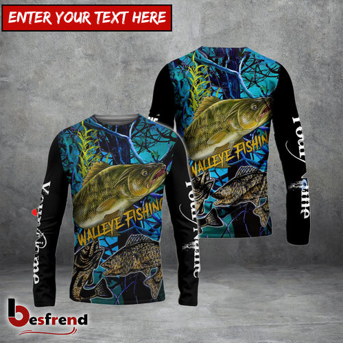 Besfrend Blue Camo Walleye Fishing Custom  Long Sleeve Fishing Shirts