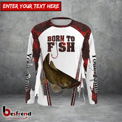 Besfrend Born To Fish Catfish Fishing Red Camo Custom Name  Long Sleeve Fishing Shirts