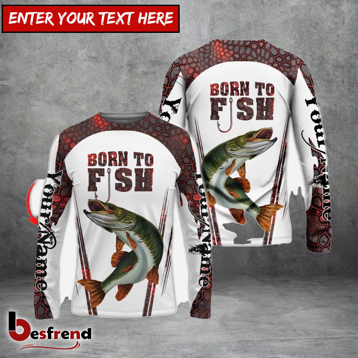 Besfrend Born To Fish Musky Fishing Red Camo Custom Name  Long Sleeve Fishing Shirts