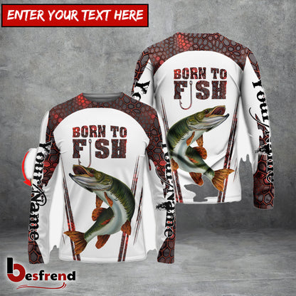 Besfrend Born To Fish Musky Fishing Red Camo Custom Name  Long Sleeve Fishing Shirts