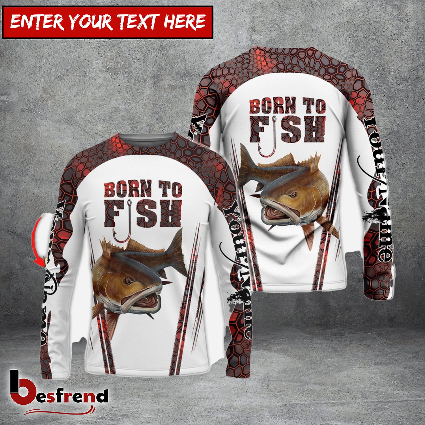 Besfrend Born To Fish Redfish Fishing Red Camo Custom Name  Long Sleeve Fishing Shirts