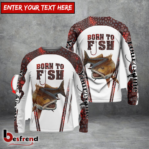 Besfrend Born To Fish Redfish Fishing Red Camo Custom Name  Long Sleeve Fishing Shirts