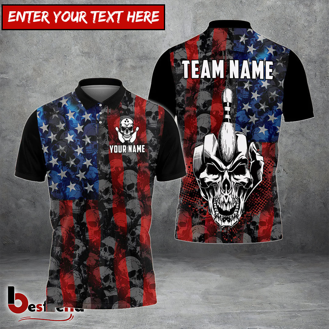 Besfrend Bowling American Flag Skull Middle Finger Personalized Shirt