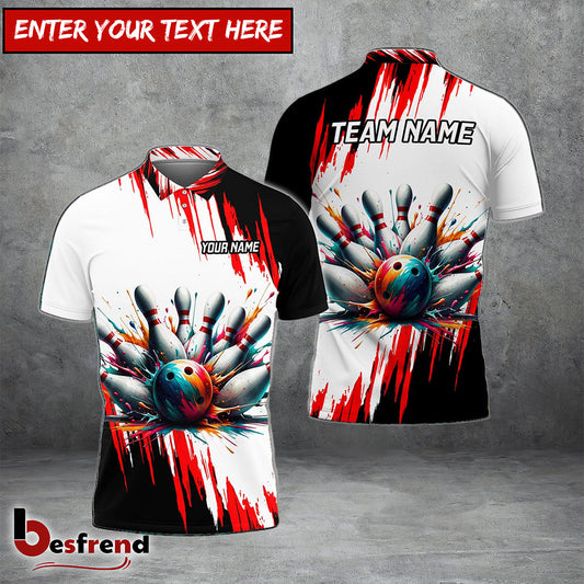 Besfrend Bowling And Pins Black Red Customized Name 3D Shirt