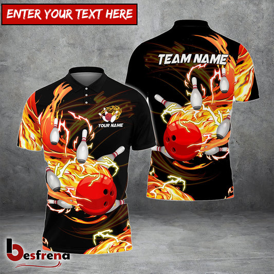 Besfrend Bowling And Pins Breath Of Thunder Flame Customized Name 3D Shirt  Colors