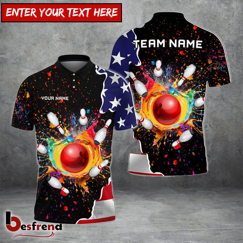 Besfrend Bowling And Pins Colorful Paint Flag Personalized Name Team Name 3D Shirt