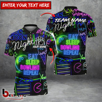 Besfrend Bowling And Pins Eat Sleep Bowl Repeat Neon Style Customized Name 3D Shirt 6 Colors