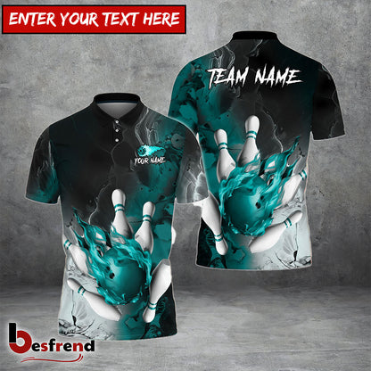 Besfrend Bowling And Pins Fire Lava Smoke Multicolor Customized Name 3D Shirt   Colors
