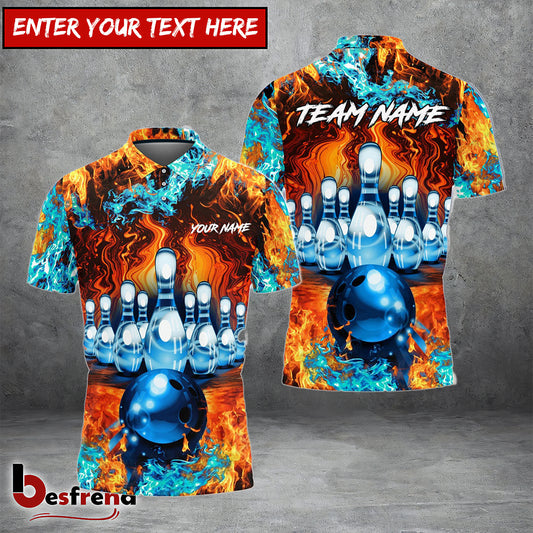 Besfrend Bowling And Pins Fire Power Pattern Multicolor Personalized Name 3D Shirt