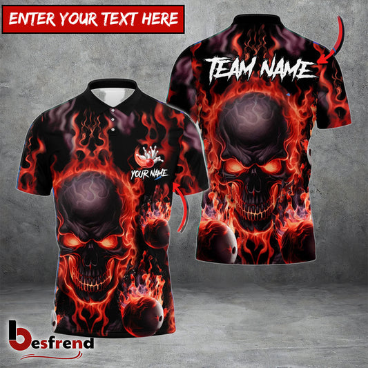 Besfrend Bowling And Pins Flame Skull Multicolor Customized Name 3D Shirt   Colors