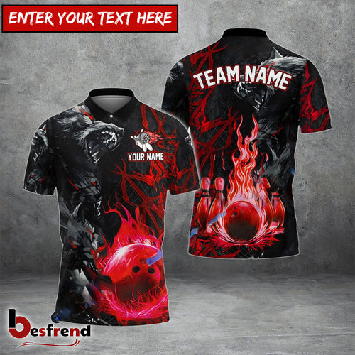 Besfrend Bowling And Pins Flame Wolf Multicolor Customized Name 3D Shirt   Colors