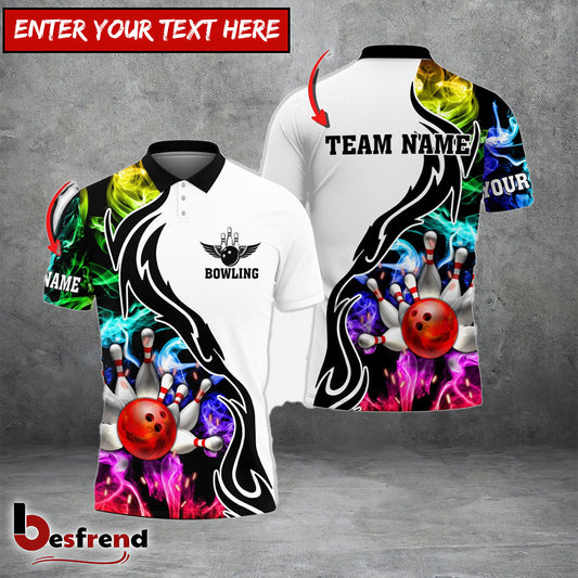 Besfrend Bowling And Pins Multicoler Smoke Pattern Customized Name 3D Shirt