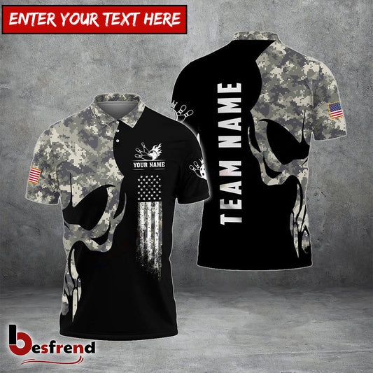 Besfrend Bowling And Pins Skull Army Flag Custom Multicolor Customized Name 3D Shirt   Colors