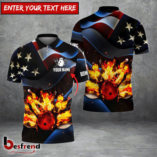 Besfrend Bowling Ball And Pins Flame USA Flag Pattern Customized Name 3D Shirt