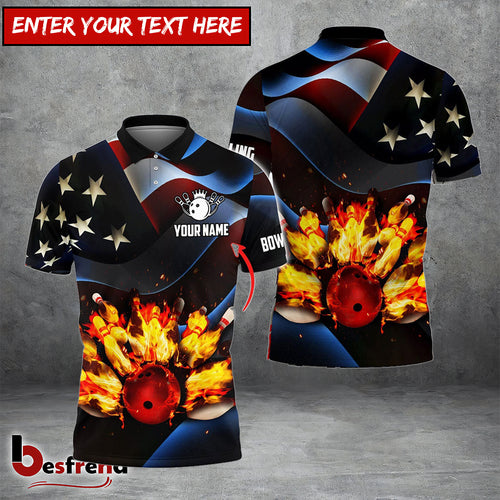 Besfrend Bowling Ball And Pins Flame USA Flag Pattern Customized Name 3D Shirt 2