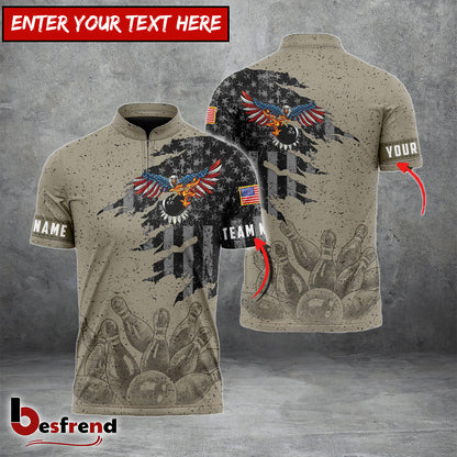 Besfrend Bowling Eagle Retro American Flag Pattern Customized Name Team Name 3D Shirt