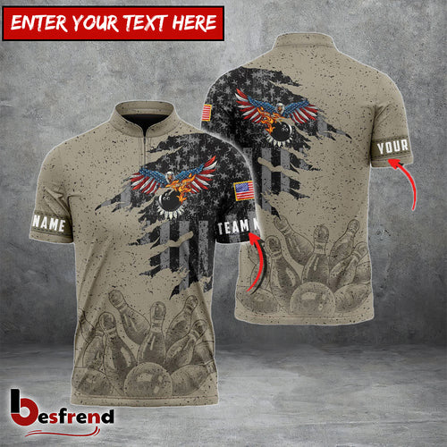 Besfrend Bowling Eagle Retro American Flag Pattern Customized Name Team Name 3D Shirt